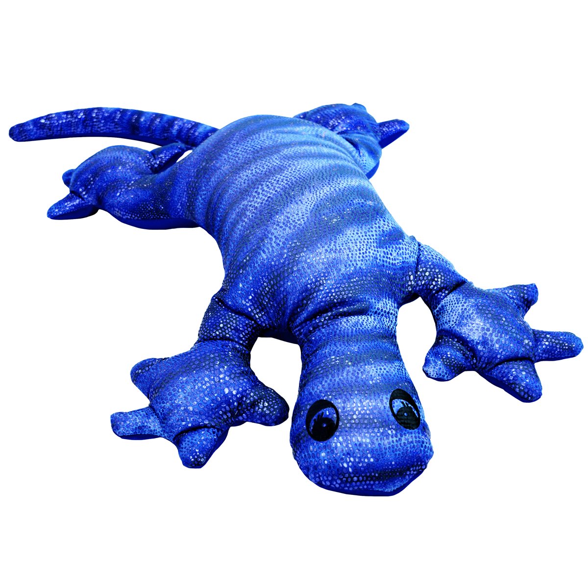 Blue weighted lizard plush with textured details, lying on a white surface. Designed to provide a sense of weight and comfort, ideal for sensory needs.