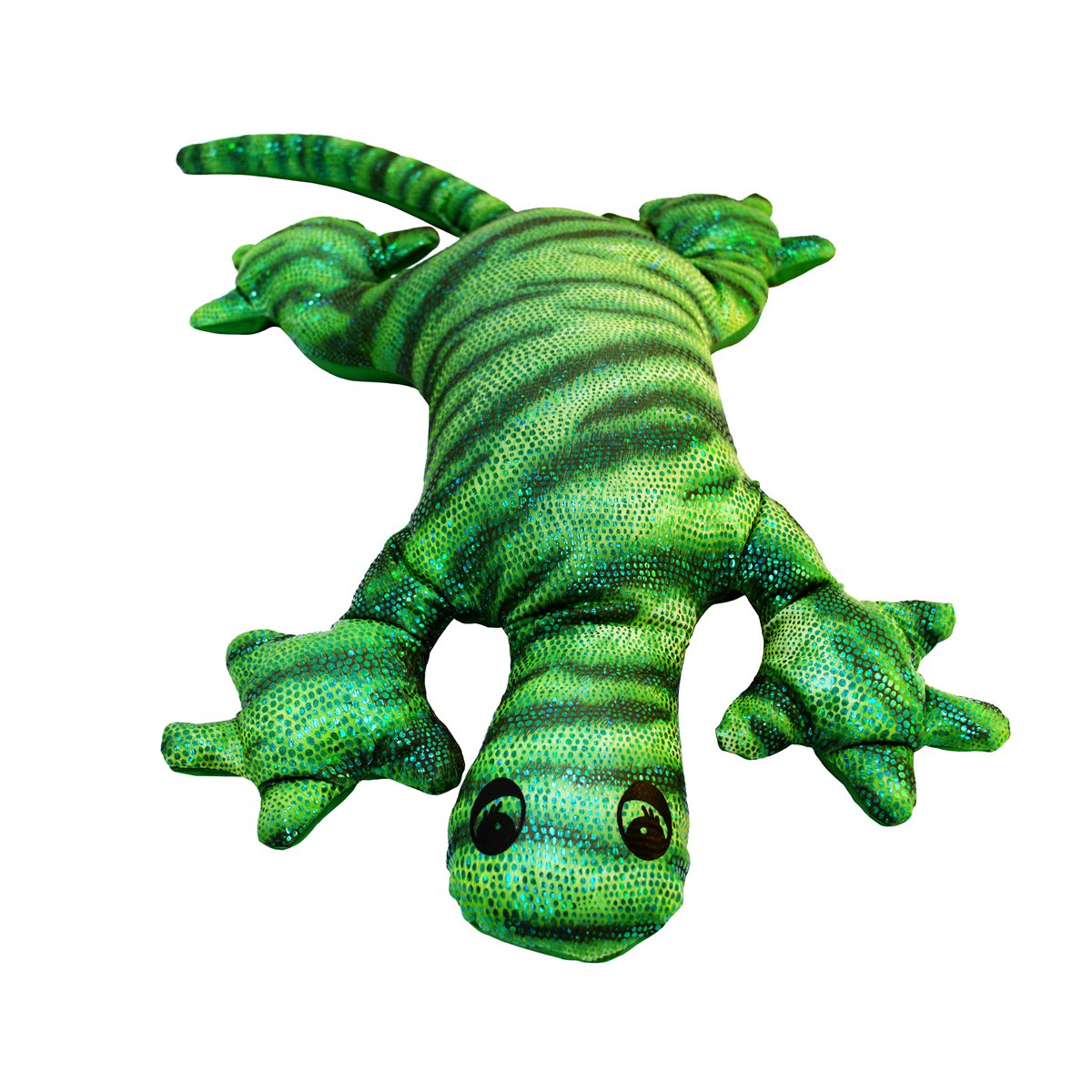 Green weighted lizard plush from the manimo collection, shown on a white background, emphasizing its texture and design.