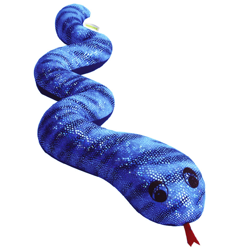 manimo blue weighted snake plush, displayed on a white background, showcasing its soft and flexible design.