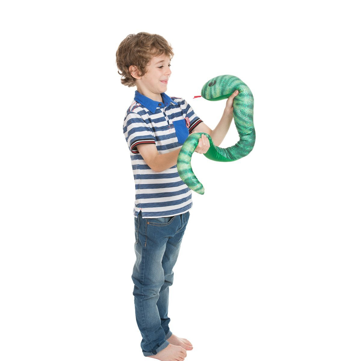 Boy playing with a green manimo snake plush, showing how it offers sensory engagement and comfort.