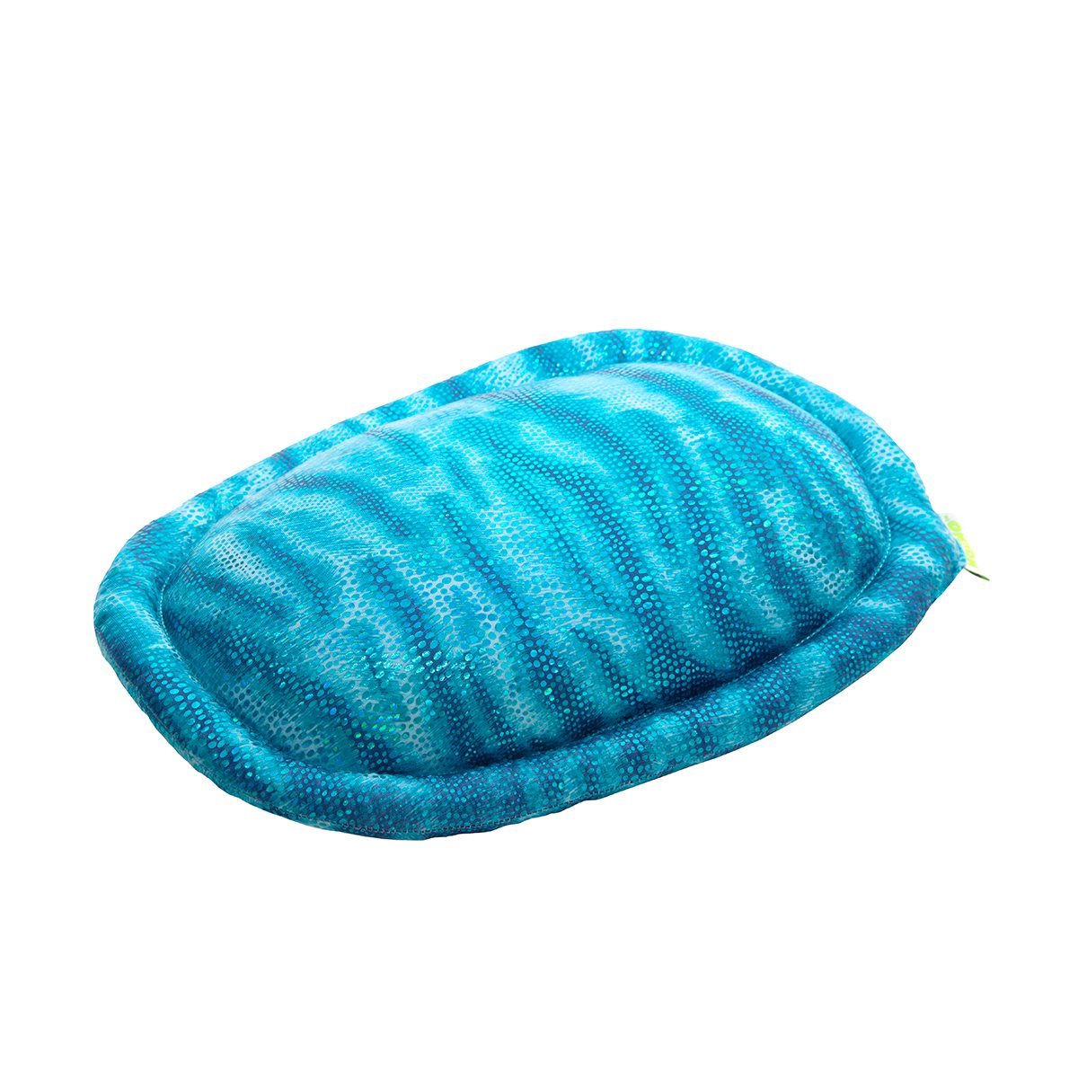 Detailed shot of the turquoise turtle plush's shell, highlighting its textured design.