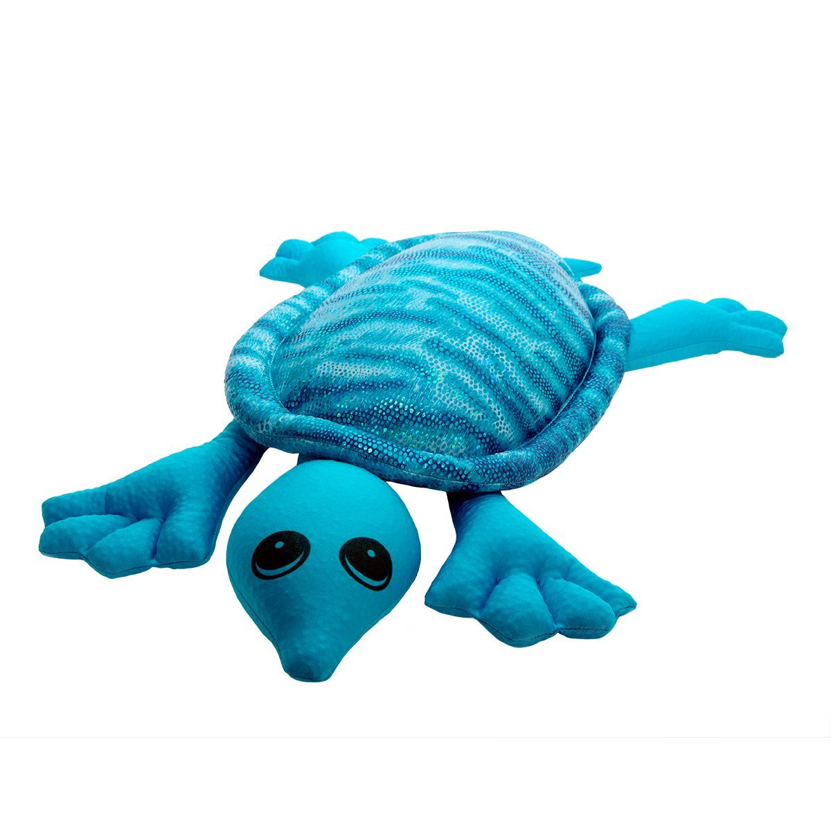 Turquoise weighted turtle plush from the manimo collection, shown on a white background, highlighting its detailed design.