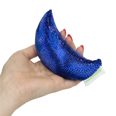 manimo half moon stress ball in blue, displayed on a white background, showcasing its crescent shape and textured surface for stress relief.