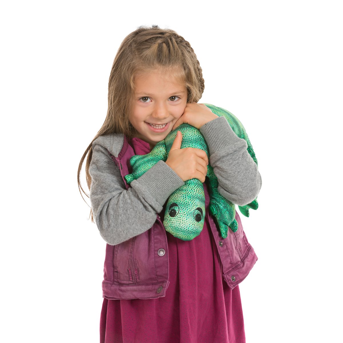 Close-up of a manimo green lizard plush, highlighting its textured surface and vibrant color.