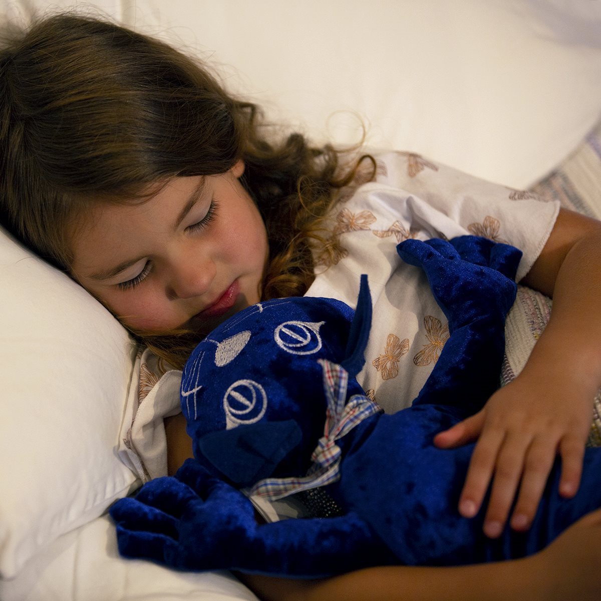 Child sleeping with a 1 kg manimo cat plush, showing how the plush provides comfort and a sense of security.