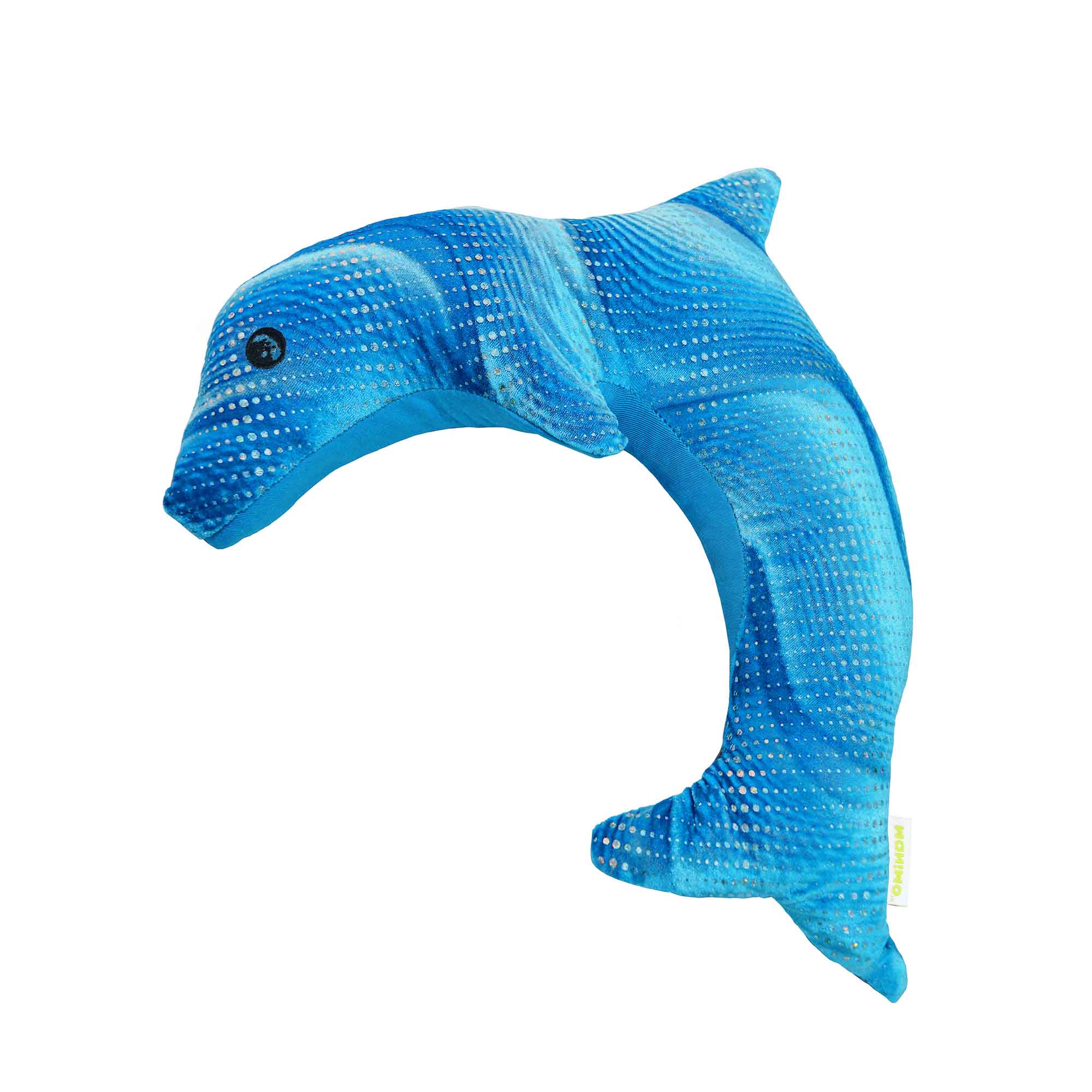 manimo blue weighted dolphin plush weighing 1 kg, displayed on a white background, highlighting its soft texture and calming design.