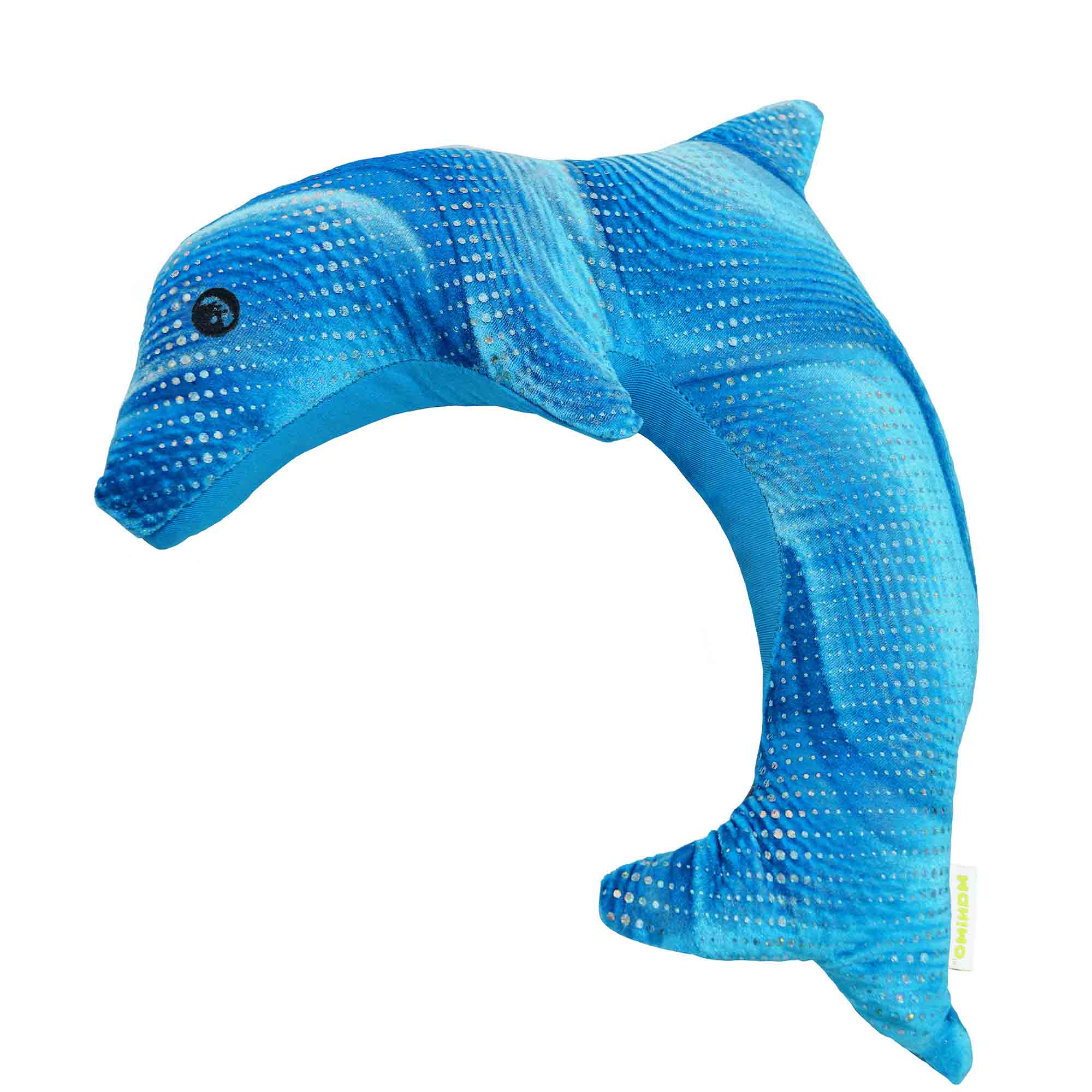 manimo blue weighted dolphin plush weighing 2kg, displayed on a white background, highlighting its soft texture and calming design.